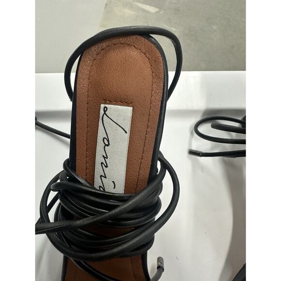 Lonia Black Vegan Leather Open Toe Chain Tie Up Ankle Strap Sandal, 13 - Picture 5 of 11